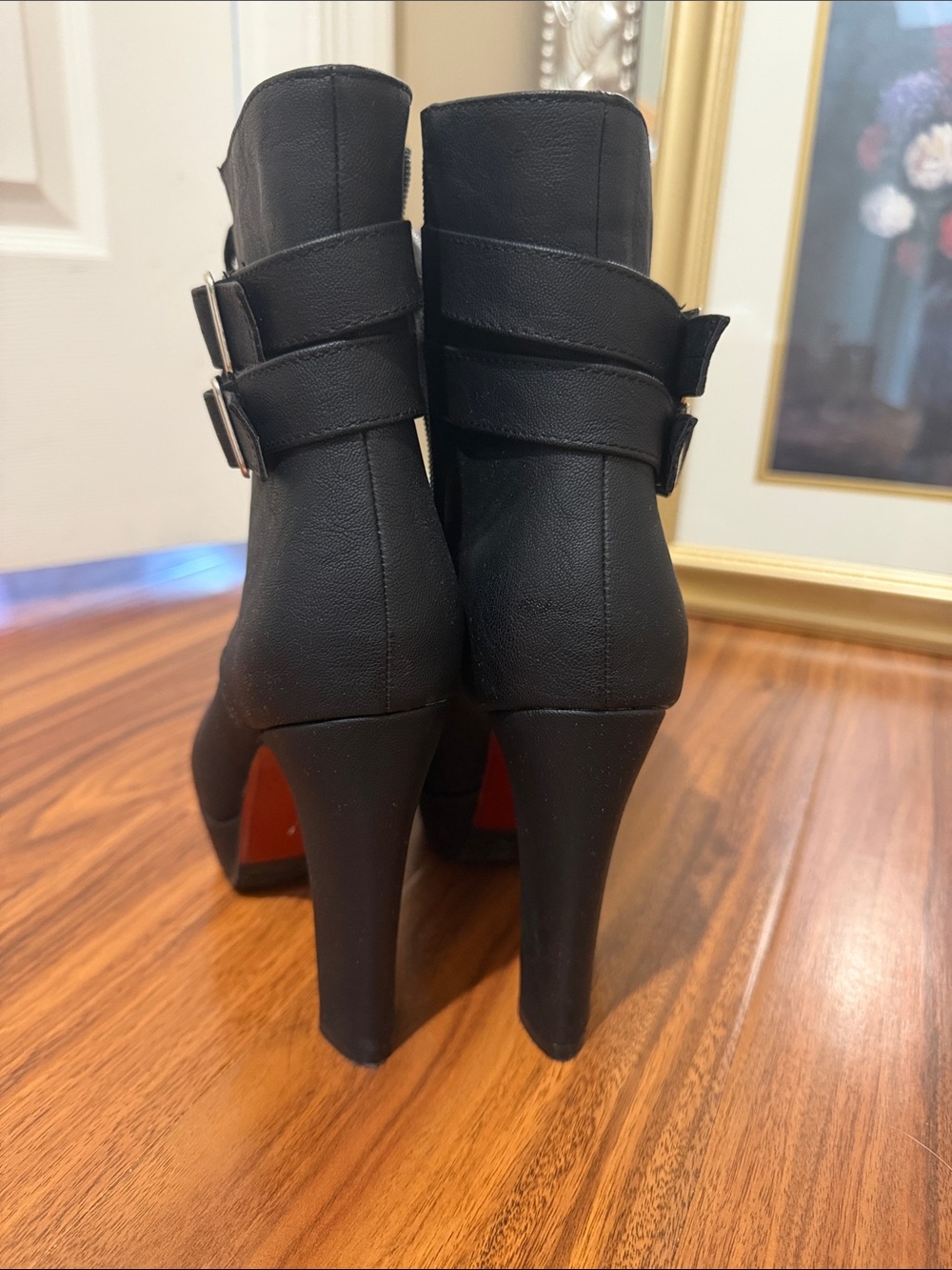SHEIN Black Buckle Strap High Heel Ankle Boots